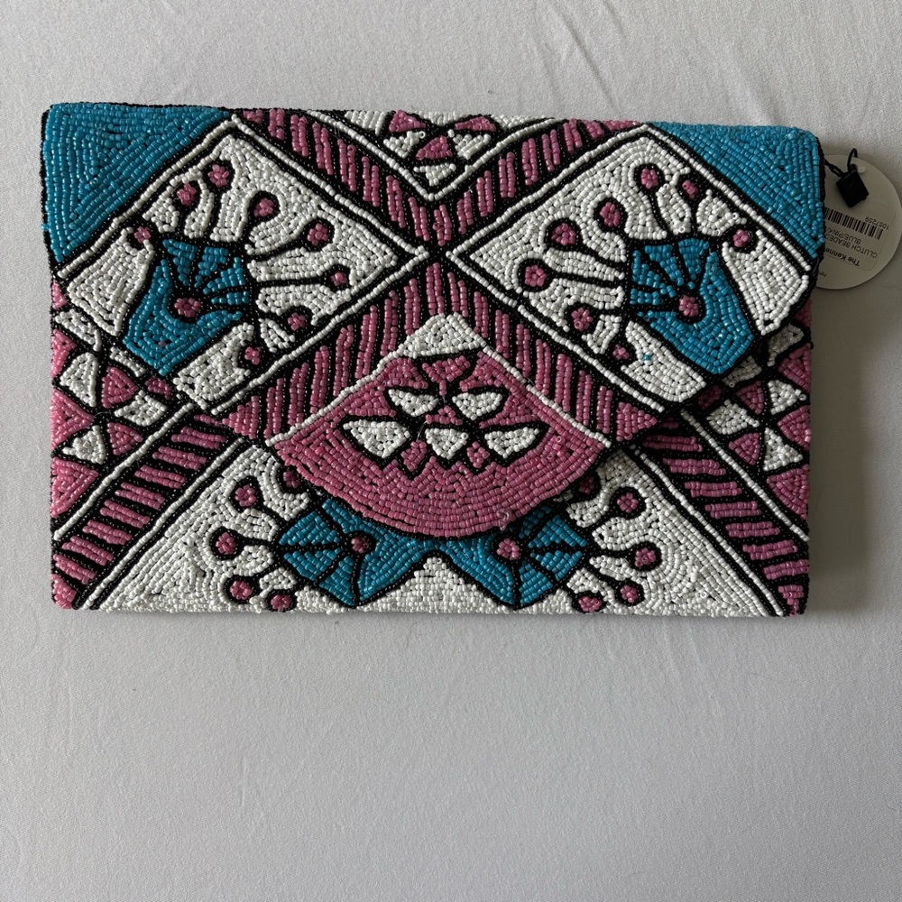 Elegant Beaded Clutch in Pink, Blue, and White, Statement Clutch, New with Tags